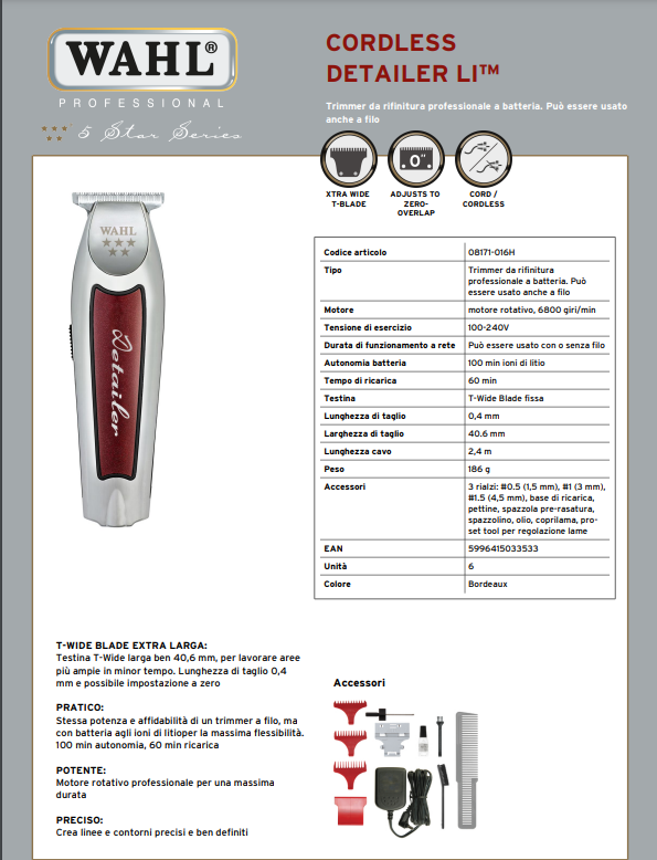 TRIMMER TAGLIACAPELLI A ZERO WAHL CORDLESS DETAILER LI RICARICABILE